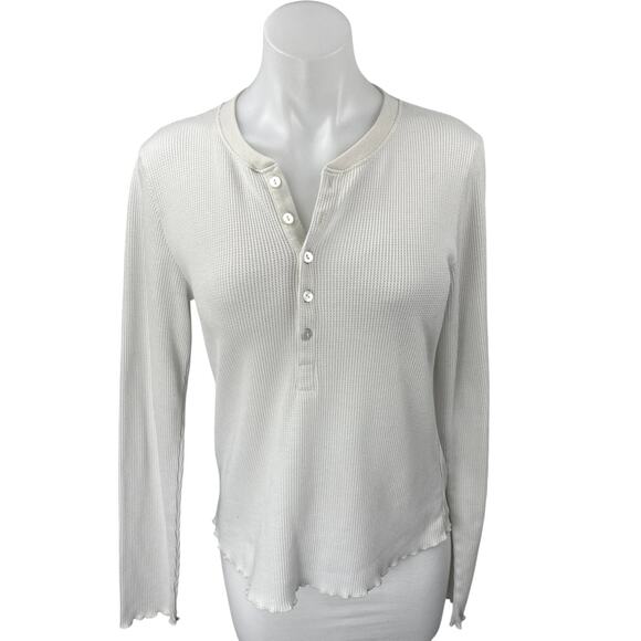 WSLY Cream Long Sleeve Waffle Knit Lettuce Henley Thermal Sweater Top Size L - Picture 1 of 4